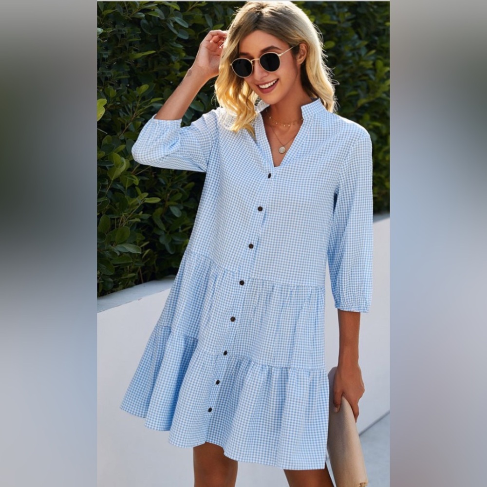 Elegant Blue Checkered Button-Front Dress